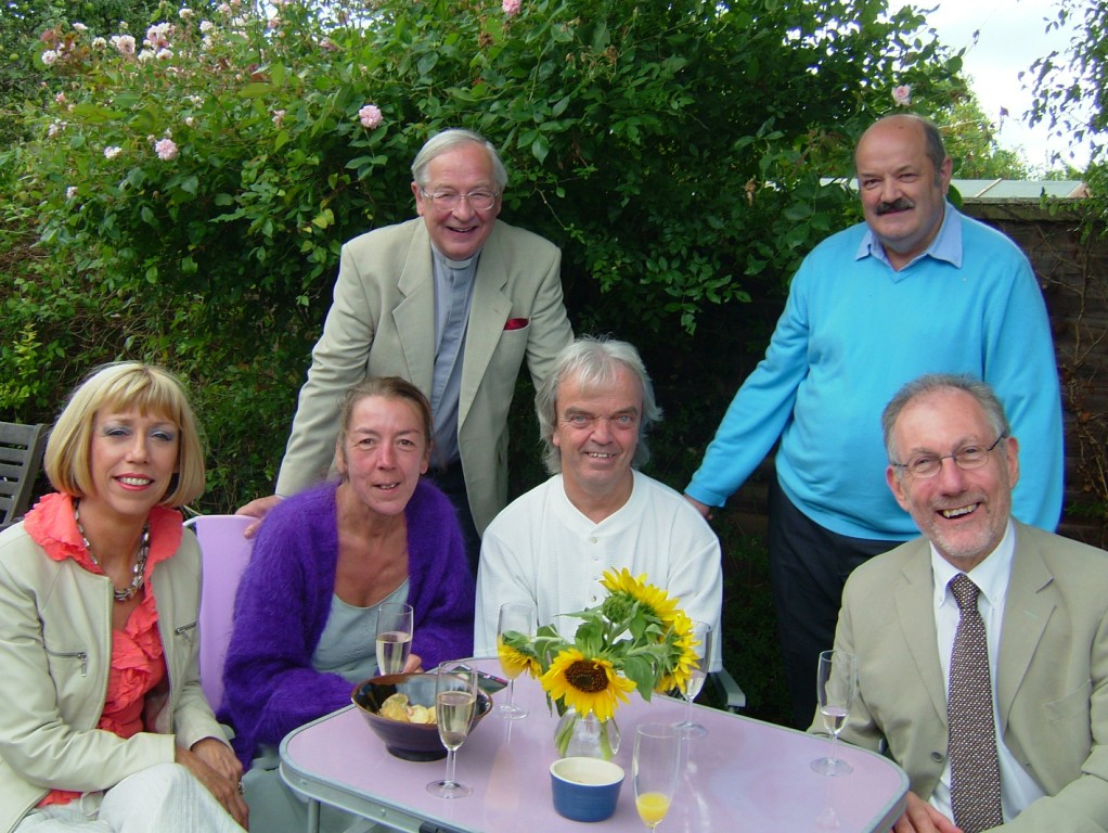 Jan Barker, Sally Hubber, Reverend Roger Gilbert, John Hubber, Bob Gilbert and Peter Barker at Christening Party in Exeter