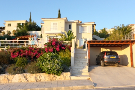 Jan Barker with Pat and Mike Vaugha at their villa in Tala, Pafos, Cyprus