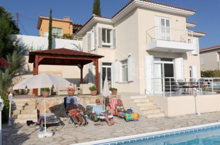 Mike Vaughan (in Shade), Pete Barker and Pat Vaughan at Pat and Mike's Villa, Tala, Pafos, Cyprus
