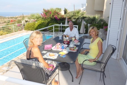Pat Vaughan, Mike Vaughan and Jan Barker_Breakfast at Pat and Mike's villa, Tala, Pafos, Cyprus