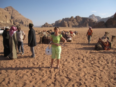 Jan Barker in the desert with Bedouins and their Camels, Wadi Rum, Jordan