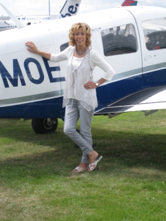 Jan Barker at Exeter Airport with Piper Cherokee Arrow II G-BMOE prior to our flight to Cherbourg, France