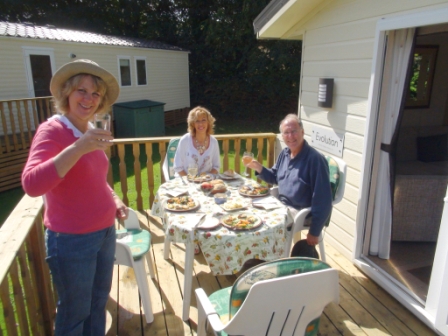 Pam Delbridge, Jan Barker and John Delbridge at Pam and John's Holiday Home, Relubbus, Cornwall