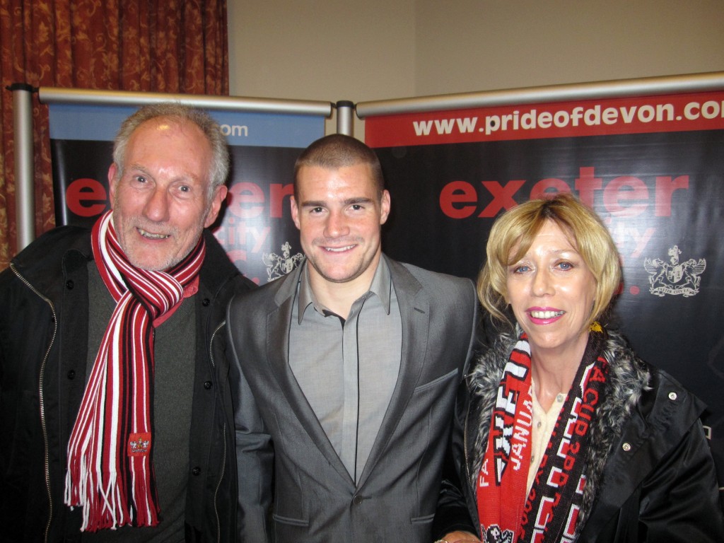 Pete Barker, Man of the Match James Dunne and Jan Barker at Exeter City 1 Swindon Town 0