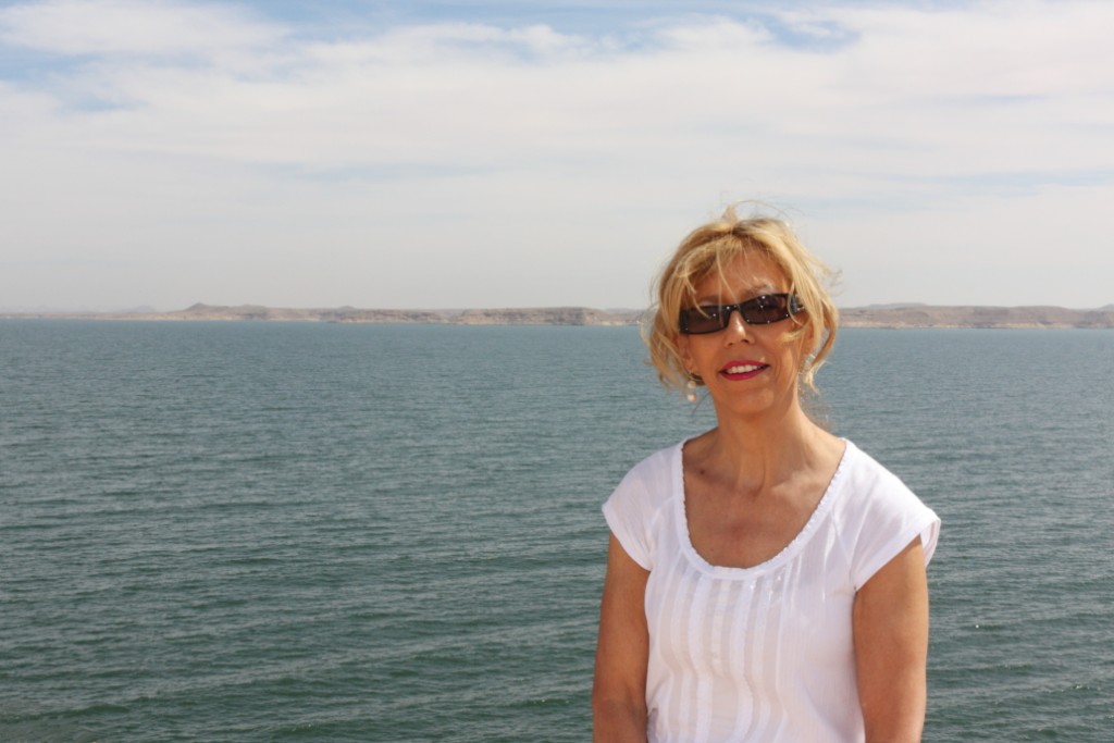 Jan Barker at Abu Simbel, Egypt with Lake Nasser in the Background