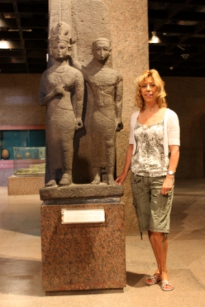 Jan Barker in the Nubia Museum, Aswan, Egypt with Statue of Meroitic Queen and Prince
