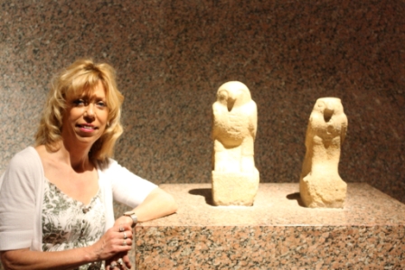 Jan Barker with Small Granite Statues of Hawks, representing the God Horus Nubia Museum, Aswan, Egypt