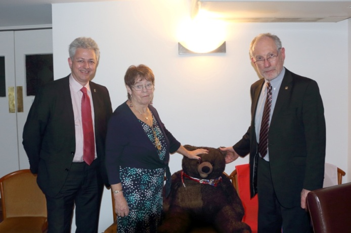 Councillor Greg Sheldon, Lord Mayor Exeter Councillor Rachel Lyons, Russian Bear and Peter Barker at Russian Christmas Dinner
